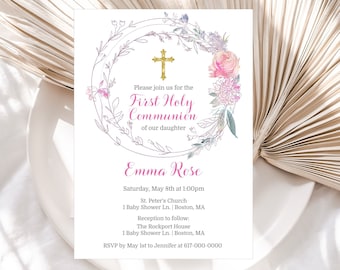 First Holy Communion Invitation Girl, Spring Floral 1st Communion Invitation, Instant Download Printable Editable