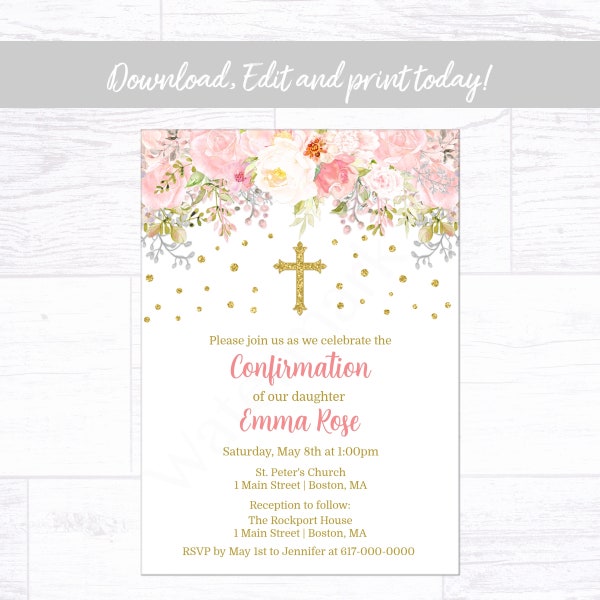 Pink and Gold Confirmation Invitation - Etsy
