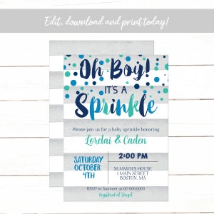 Baby Sprinkle Invitation Boy, Blue Confetti Oh Boy Baby Sprinkle Invitation, Instant Download Printable Editable