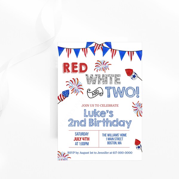 4th of July 2nd Birthday Invitation, Red White and Two Invitation, Red White and Blue 2nd Birthday Invite, Instant Download Editable