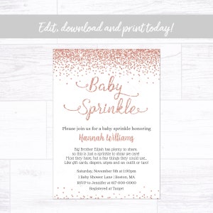 Baby Sprinkle Invitation Girl, Rose Gold Sprinkle Invitation, Instant Download Printable   Editable