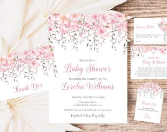 Baby Shower Invitation Set, Cherry Blossom Baby Shower Invitation, Instant Download Editable 801
