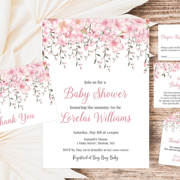 Baby Shower Invitation Set, Cherry Blossom Baby Shower Invitation, Instant Download Editable 801