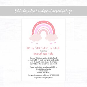 Bebé ducha por correo invitación niña, arco iris rosa bebé ducha invitación, descarga instantánea imprimible editable