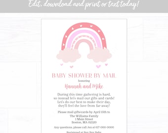 Baby-Dusche per Post Einladung Mädchen, rosa Regenbogen-Baby-Dusche-Einladung, sofortiger Download druckbare bearbeitbare