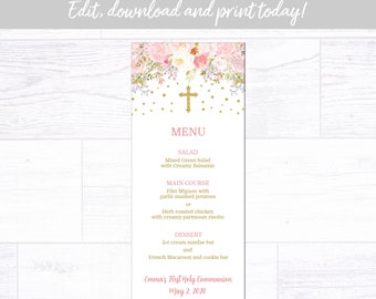 First Holy Communion Menu, Pink and Gold 1st Communion Menu, Instant Download Printable Editable