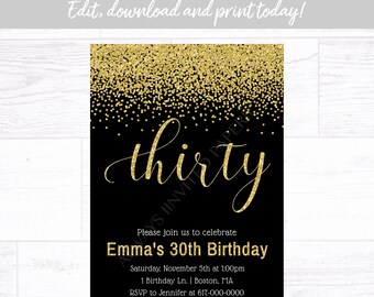 Gold Confetti Birthday Invitation, Any Age Gold Black Birthday Invitation, Adult Birthday, Instant Download Printable Editable