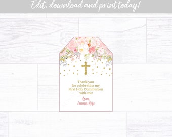 Floral Communion Favor Tag, Pink and Gold Communion Favor Tag, Confirmation Favor Tag, Baptism Favor Tag Instant Download Printable Editable