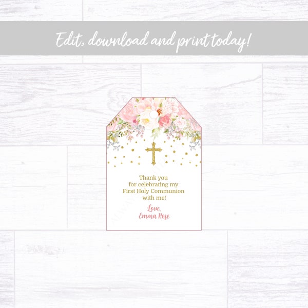 Floral Communion Favor Tag, Pink and Gold Communion Favor Tag, Confirmation Favor Tag, Baptism Favor Tag Instant Download Printable Editable