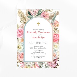 First Holy Communion Invitation Girl, Pink Floral 1st Communion Invitation, Instant Download Printable Editable