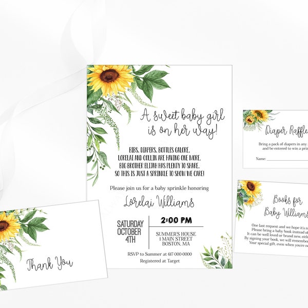 Sunflower Baby Sprinkle, Baby Sprinkle Invitation Set, Girl Sprinkle Invitation, Instant Download Editable
