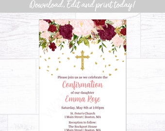 Confirmation Invitation Girl, Burgundy Pink Floral Confirmation Invitation, Instant Download Printable Editable