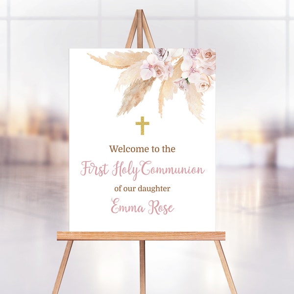 1st Holy Communion Welcome Sign, Boho Pink First Holy Communion Welcome Sign, Instant Download Printable Editable