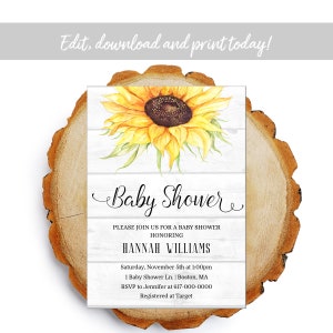 Sunflower Baby Shower Invitation, Rustic Yellow Floral Baby Shower Invitation, Instant Download Printable Editable