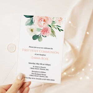 First Holy Communion Invitation Girl, Pink Floral 1st Communion Invitation, Instant Download Printable Editable