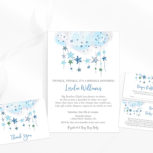Twinkle Twinkle Baby Sprinkle Invitation Set, Blue Twinkle Twinkle Baby Shower Invitation, Instant Download Editable 401