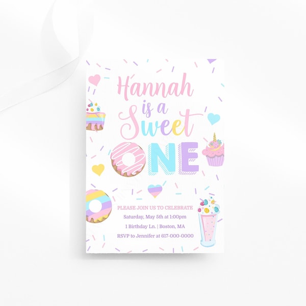 Editable Sweet One Birthday Invitation Girl, Pink Yellow Purple Blue Donut 1st Birthday Invitation, Instant Download Printable
