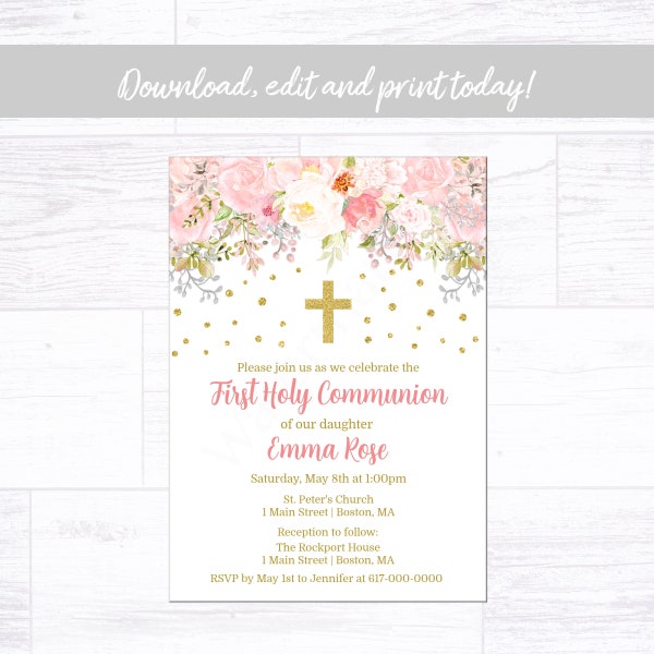 First Holy Communion Invitation Girl, Pink and Gold Floral 1st Communion Invitation, Instant Download Printable Editable