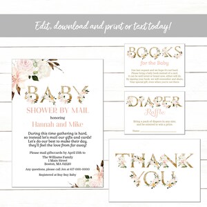 Invitación para baby shower por correo, diseño floral rosa, larga distancia, descarga instantánea y editable.