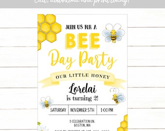 Bee Day Party Invitation, Honey Bee Birthday Invitation, Any Age Instant Download Printable Editable