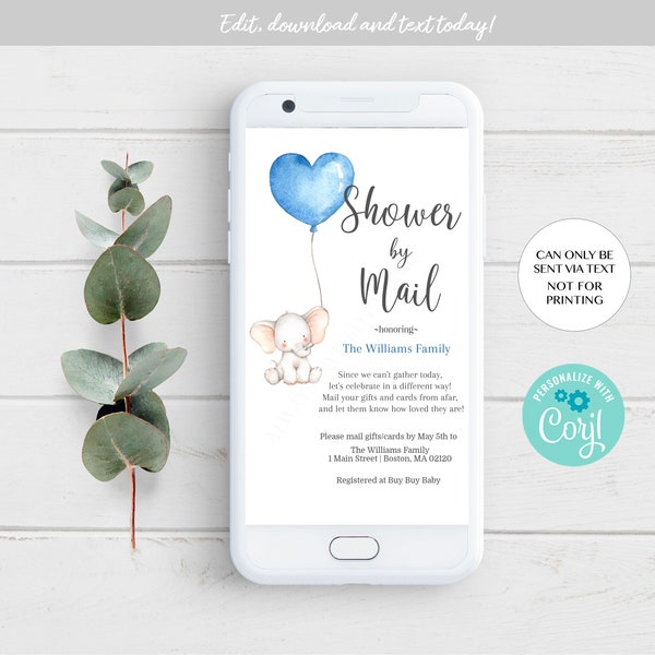 Baby Shower by Mail Text Invitation Boy, Elephant Blue Balloon Baby Shower Invitation, Instant Download Editable, Text Message