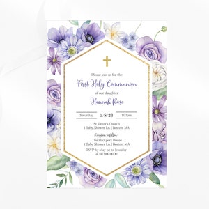 First Holy Communion Invitation Girl, Purple Floral 1st Communion Invitation, Instant Download Printable Editable