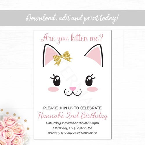 Editable Kitty Birthday Invitation Template: Instant Download - Etsy