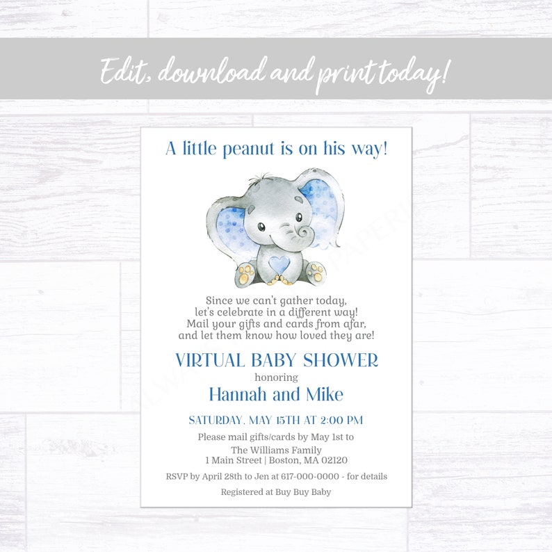 Virtual Baby Shower Invitation Boy Elephant Baby Shower by Etsy