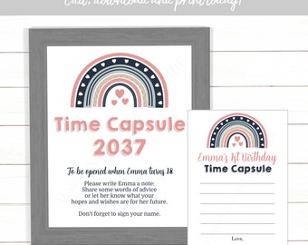 Modern Rainbow Birthday Time Capsule Sign, Pink and Blue Rainbow Baby Shower Time Capsule Sign and Card, Instant Download Printable Editable