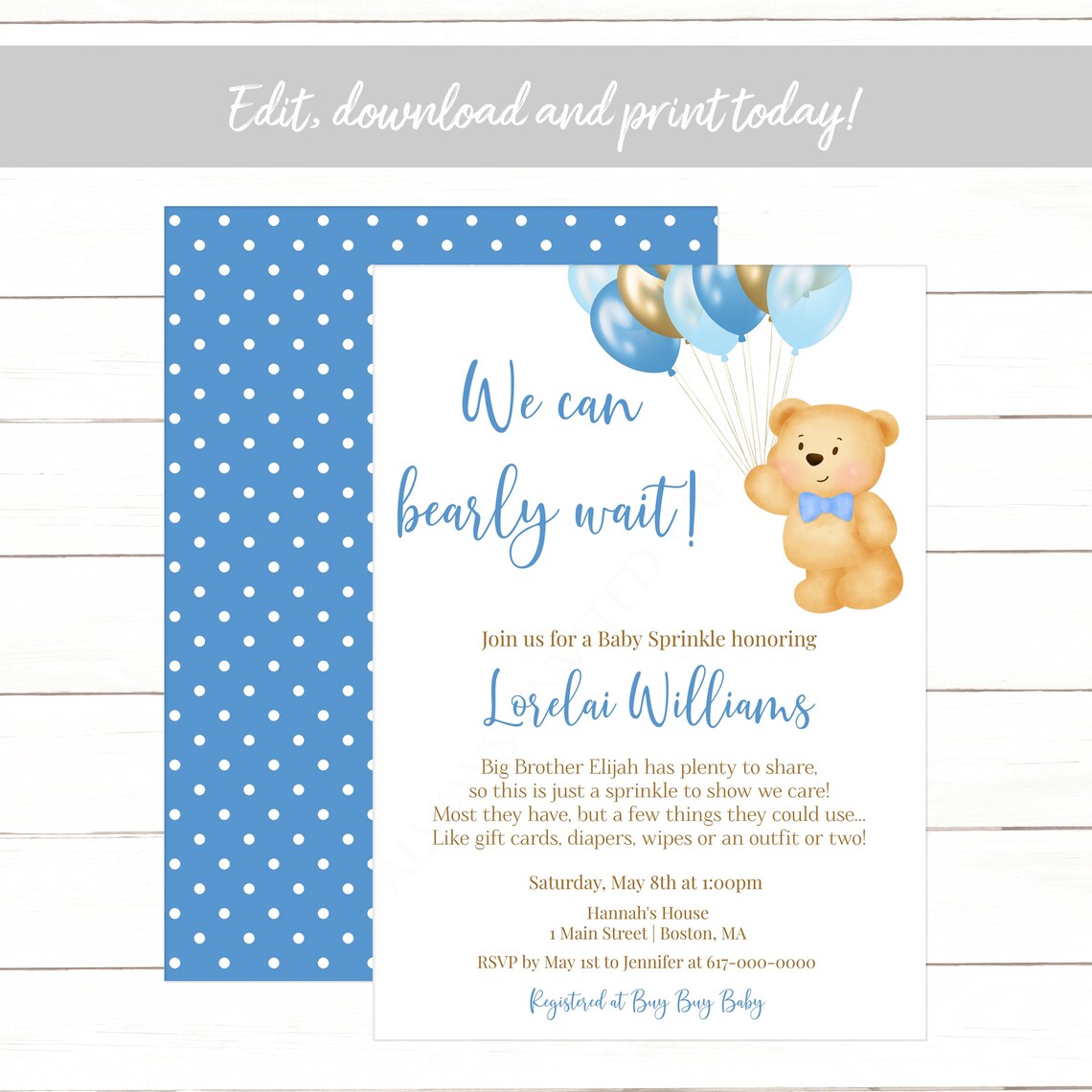 Teddy Bear Baby Sprinkle Invitation Boy Blue and Gold Etsy