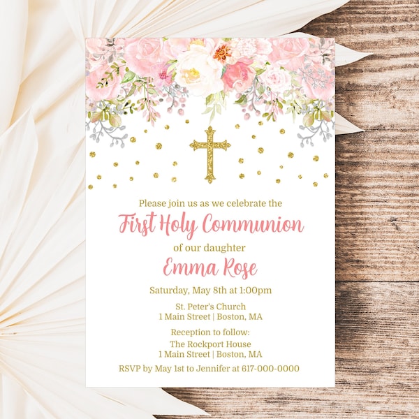 First Holy Communion Invitation Girl, Pink and Gold 1st Communion Invitation, Instant Download Printable Editable