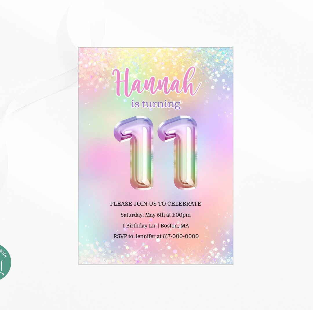 Birthday Invitation Girl, Pastel Rainbow 11th Birthday Invitation ...