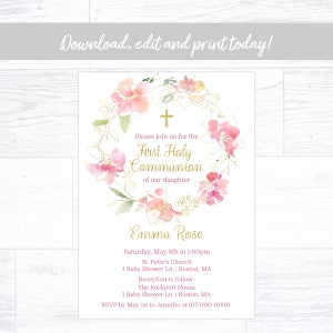 First Holy Communion Invitation Girl, Pink and Gold 1st Communion Invitation, Spring Floral Instant Download Printable Editable