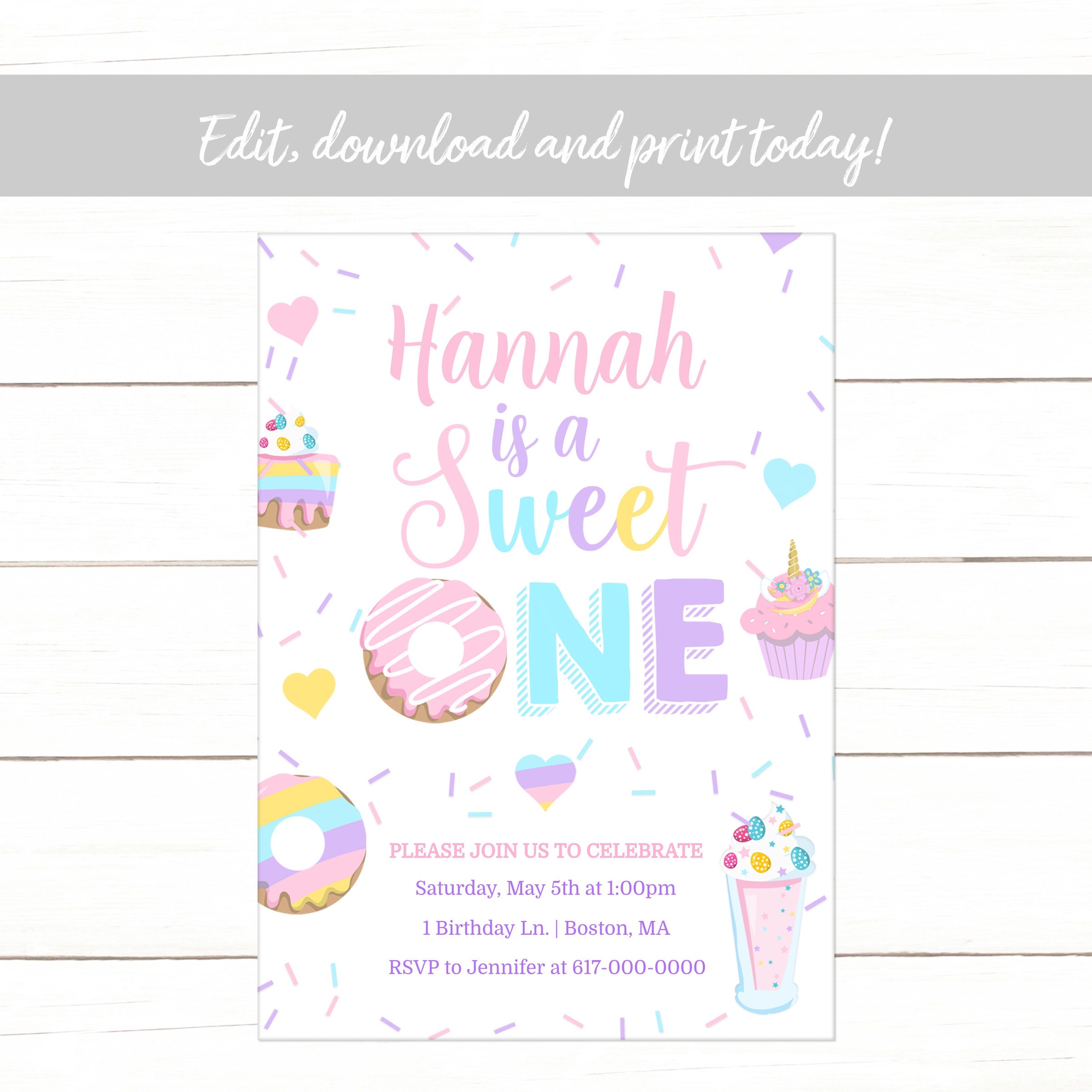 Editable Sweet One Birthday Invitation Girl Pink Yellow Etsy