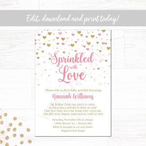 Baby Sprinkle Invitation Girl, Pink and Gold Hearts Sprinkled with Love Baby Sprinkle Invitation, Instant Download Printable Editable