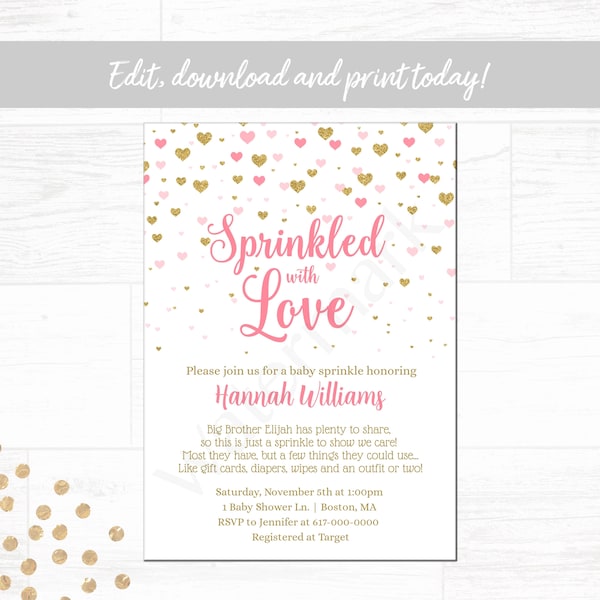 Baby Sprinkle Invitation Girl, Pink and Gold Hearts Sprinkled with Love Baby Sprinkle Invitation, Instant Download Printable Editable