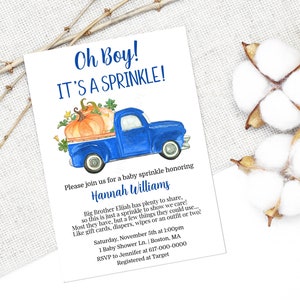 Pompoen Baby Strooi Uitnodiging Boy, Fall Blue Truck Baby Shower Uitnodiging, Instant Download Afdrukbare Bewerkbare