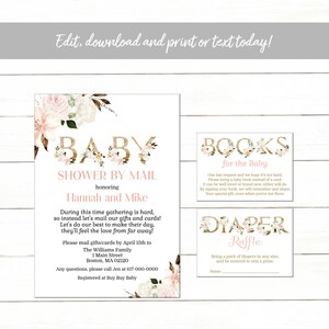 Baby Shower by Mail Invitation Girl, Pink Floral Baby Shower Invitation Set, It&#39;s a Girl Invitation, Instant Download Printable Editable