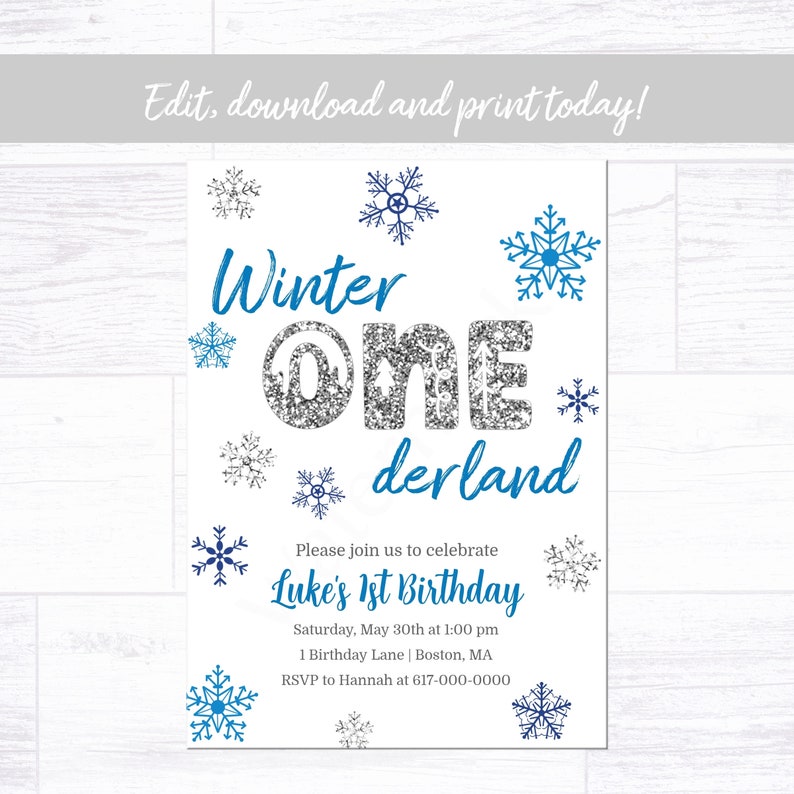 Winter Onederland Birthday Invitation Boy Blue and Silver - Etsy