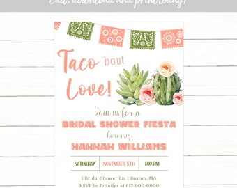Taco Bout Love Invitation, Fiesta Cactus Couples Bridal Shower Invitation, Instant Download Printable Editable