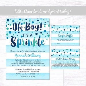 Baby Sprinkle Invitation Boy, Blue Confetti Baby Sprinkle Invitation Set, Oh Boy It&#39;s a Sprinkle, Instant Download Printable Editable