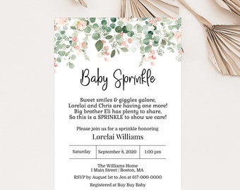 Greenery Baby Sprinkle Invitation Girl, Pink and Green Baby Sprinkle Invitation, Instant Download Printable Editable