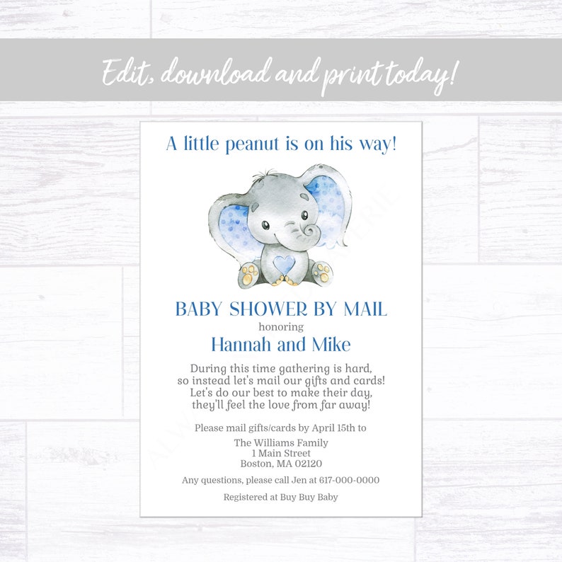 Baby Shower by Mail Invitation Boy Elephant Baby Shower Etsy