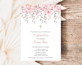 First Holy Confirmation Invitation Girl, Pink Cherry Blossom 1st Communion Invitation, Instant Download Printable Editable 801