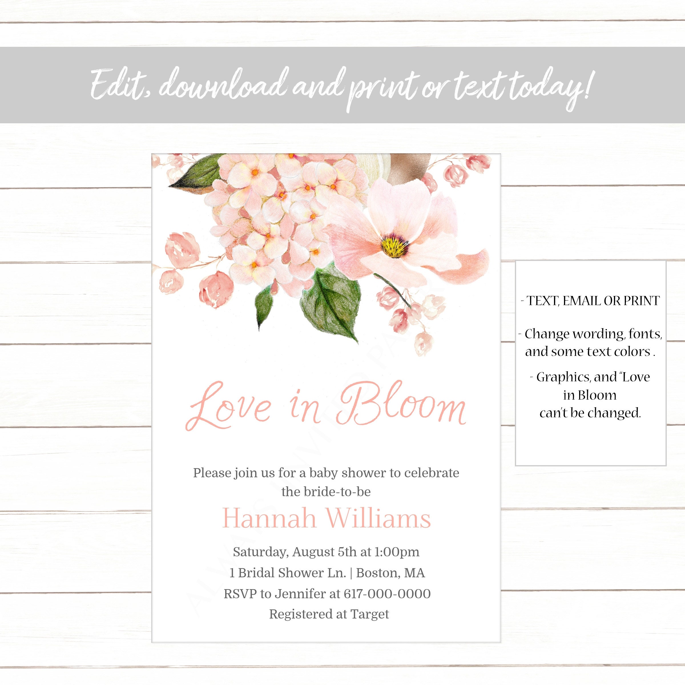 Bridal Shower Invitation Pink Floral Love in Bloom Etsy
