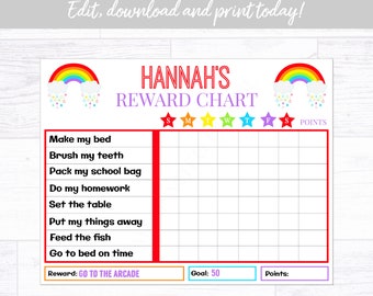 Rainbow Beloningskaart voor Meisjes, Karweienkaart, Beloningskaartsjabloon, Instant Download Afdrukbaar Bewerkbaar