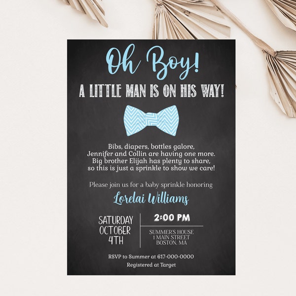 Bow Tie Baby Shower Invitation Boy, Blue Little Man Baby Shower Invitation, Chalk Invitation, Instant Download Printable Editable