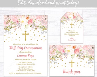 First Holy Communion Invitation Girl, Pink and Gold 1st Communion Invitation Set, Thank You Favor Tag Instant Download Printable Editable