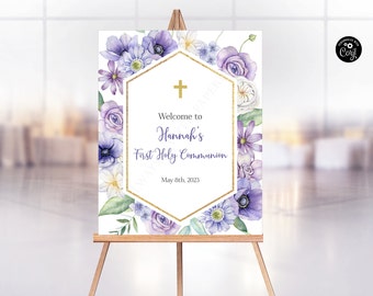 Floral First Communion Welcome Sign, Purple First Holy Communion Welcome Sign, Instant Download Printable Editable