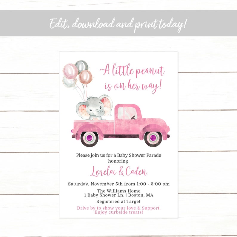Editable Elephant Drive by Baby Shower Invitation Girl Pink Etsy